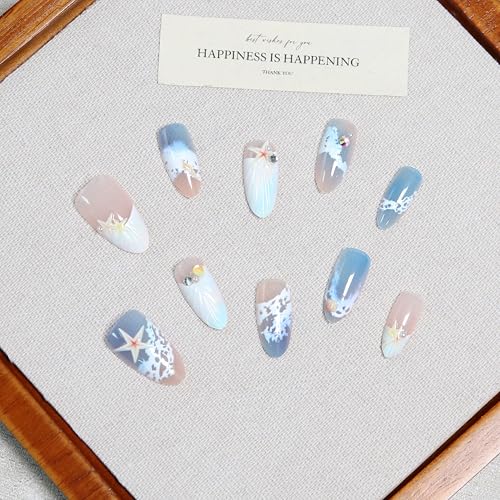 3D Color Press on Nails Almond - Medium Fake Nails with Embossed Starfish&White Bead Designs, Glossy Finish Reusable False Nails for Women Manicure(3D Embossed design 14) - color: 3D Embossed design 14