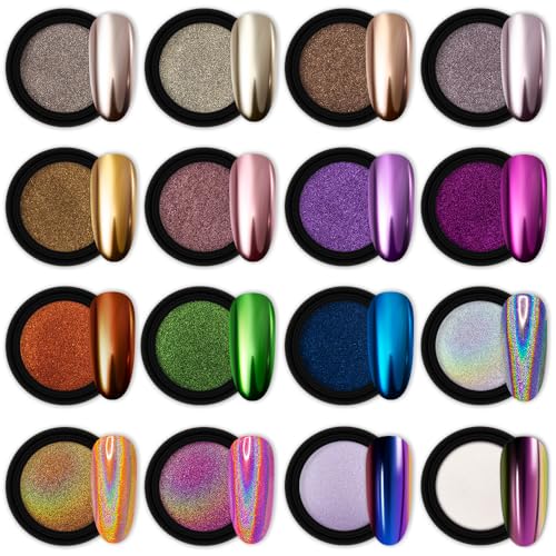 Artdone 16 Jars Chrome Nail Powder Nail Art Fimo 1g/Jar Gold Mirror - color: 16jars