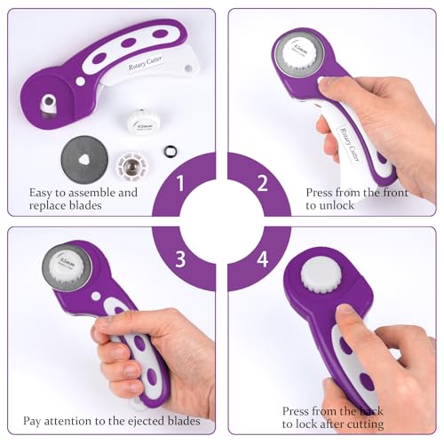 45mm Rotary Cutter for Fabric with 5 Extra Blades, Roller, with Safety Lock - color: Purple