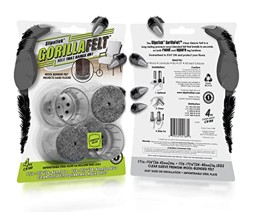 Slipstick GorillaFelt Chair Leg Floor Protectors for Hardwood Floors, Clear Sleeve Felt Pads for Furniture That Stay On, Fits Round & Square Legs, Includes 4 Premium Transparent Chair Socks, CB188 - size: 1-3/8 Inch - 1-3/4 Inch Sleeve 4 Pack