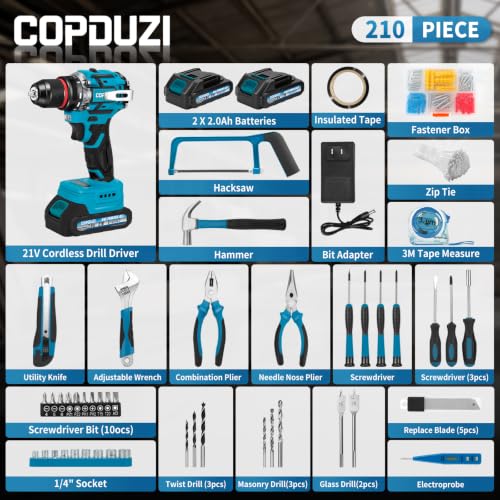 21V Cordless Drill Driver Combo Kit, Brushless Power Drill Tool Set with 2x2.0Ah Battery, 210-PCs Portable General Basic Home Repair Tool Set, Electric Drill Kit for Daily Home Repair, DIY