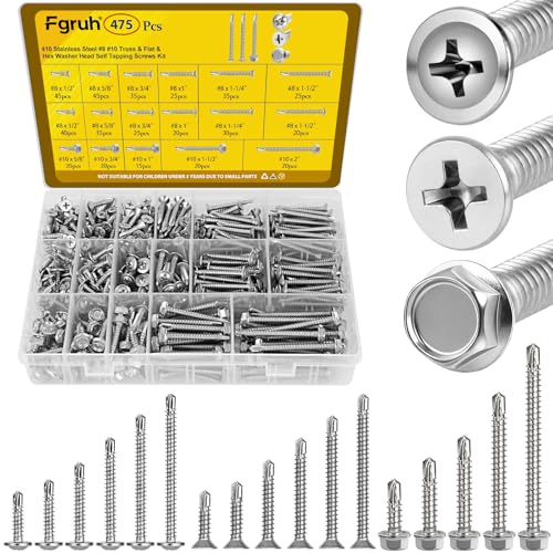 475Pcs #8#10 Self Tapping Screws for Metal, 410 Stainless Steel Self Drilling Screws Assortment, Truss Head & Hex Head & Pan Head Sheet Metal Screws, Length 1/2" to 2" - size: 475pcs #8#10 Silver