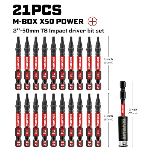 Geinxurn 20Pieces 2inches T8 Impact Tough Magnetic Screwdriver Bit Set, #8 Torx Head Power Bits, S2 Alloy Steel Star Bits with 1pc Bit Holder and Storage M-Box - color: 21 Pcs, size: T8 - 2 in