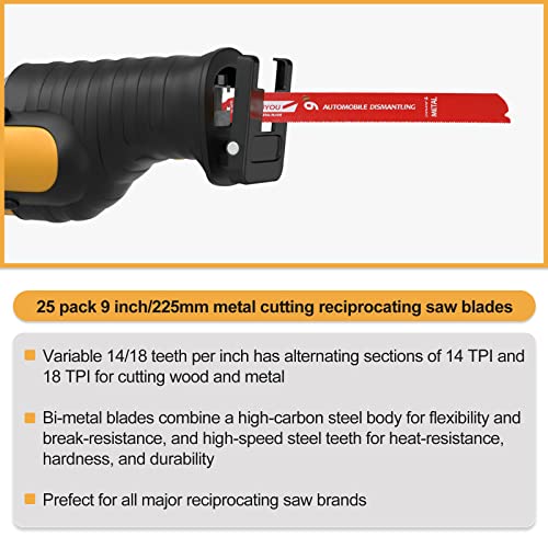 25 Pack 9 in 14/18 TPI Bi-Metal Reciprocating Saw Blades with Organizer Carbide Alloy Steel for Automobile Dismantling Metal Steel Cutting Non-Stick Coated for Less Heat for 1/16-5/16 Medium Metals - size: 9in 25Pack, style: 14/18 Tpi
