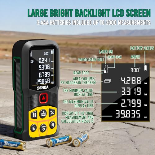 SENDA Laser Measure, 197Ft Digital Laser Measurement Tool with LCD Backlit Display, 1/16in Accuracy, in/Ft/Ft+in/M, 20 Sets Data Storage, Laser Distance Meter, Pythagorean Mode Distance/Area/Volume