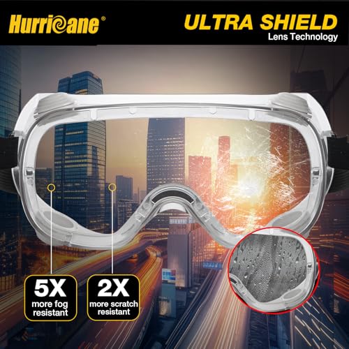 HURRICANE 2 Pack PVC safety goggles, UV400 transparent lenses, with white air valve, anti-fog function, adjustable elastic band