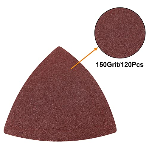 120 Pcs Triangle Sanding Pads, 150 Grits Detail Sander Sandpaper Hook and Loop Sanding Sheet,3-1/8"(80mm) Triangular Sandpaper for 3-1/8" Oscillating Multi Tool, No Holes - size: 150 Grit, style: No Hole