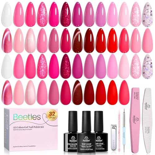 Beetles Pink Gel Polish Set, 25 Colors Red Purple Glitter Love's Prism Soak Off Kit with Base Top Coat& Nail Tools, Salon DIY Manicure Gift for Women - color: Love's Prism