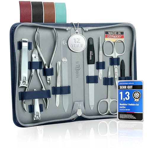 Manicure Set Women and Men – 12-Piece Professional Grooming Kit with Premium Tools, Genuine Leather Case, and exclusive Glass Nail File for Hand & Foot Care, German Quality - color: Blue
