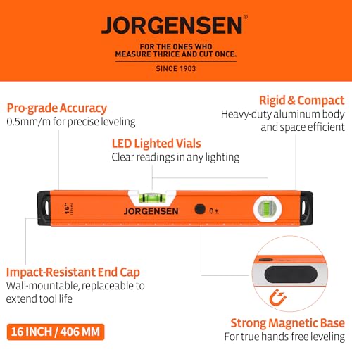 JORGENSEN 16" Magnetic LED Box Level, 90°/180° Torpedo Lighted Leveler Tool - size: 16 inch