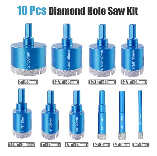 Diamond Hole Saw Set, 10 PCS Brazed Tile Hole Saw Diamond Core Drill Bit Set for Ceramic, Glass, Tile, Granite, Marble, Plaster