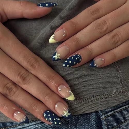 Short Almond Press On Nails Blue Yellow with Y2K Star Polka Dot - color: Style23
