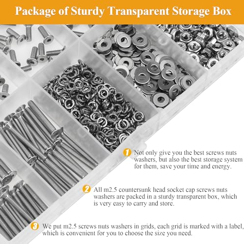 565 Pieces M2.5 Screws Nuts Washers Set, Sutemribor M2.5 x 4/6/8/10/12/16/20mm Countersunk Head Socket Cap Screws Nuts Washers Assortment Kit, 304 Stainless Steel, Fully Threaded - size: M2.5, style: Countersunk Head Socket Cap
