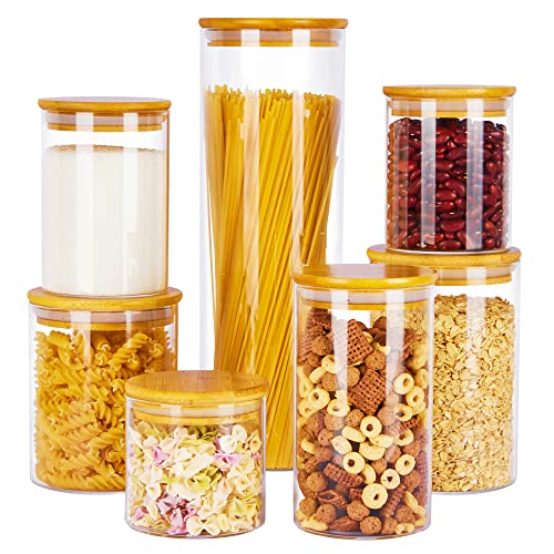 Vtopmart Glass Food Storage Jars, 7 Pack Kitchen Containers with Airtight Bamboo Wooden Lids for Pasta, Cookies, Nuts, Coffee Beans, Cereal, Canisters Set for Flour, Pantry Organization, BPA Free - size: 7 Pack (15 oz - 74 oz)