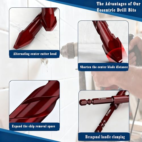 10pc 5/16” Red Special Crooked Head Eccentric Drill Bit Set, 8mm Porcelain Tile Drill Bit Concrete Drill Bit for Glass,Brick,Plastic,Cement,Wood,Ceramic,Metal,Marble. - size: 5/16 in