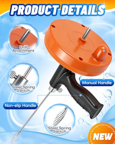 Drain Auger, 25FT Drain Snake with Drill Adapter, Flexible Plumbing Snake Clog Removal Tool with Gloves & Cloth Bag, Use Manually or Powered for Kitchen Bathroom Shower Sink - color: Orange 3