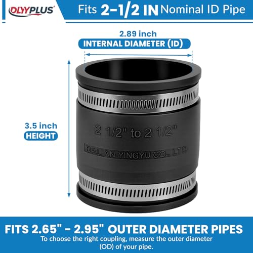 2 Pcs 2-1/2 IN Flexible PVC Pipe Coupling with Stainless Steel Clamps Fit 2-1/2 IN Nominal Pipes, Couplers for Plastic and Copper Pipe Plumbing Connections, Drain Repair, Dust Hose - size: 2-1/2 in