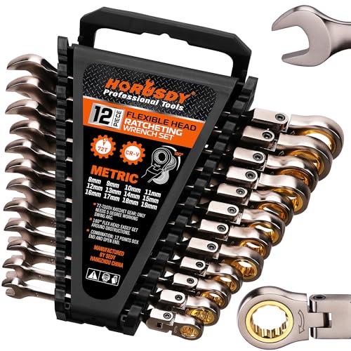 HORUSDY 12-Piece Metric Flex-Head Ratcheting Wrench Set with Organizer | 8-19 mm Ratchet Combination Wrenches Set | 72-Teeth | Chrome Vanadium Steel - style: 12-Piece Metric Flex-Head Ratcheting - Pro