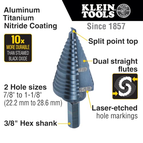 Klein Tools KTSB11 Step Drill Bit #11 Double-Fluted 7/8 to 1-1/8-Inch with Easy-to-Read Markings and Targets, 3/8-Inch Hex Shank - size: 7/8 to 1-1/8-Inch, style: Standard