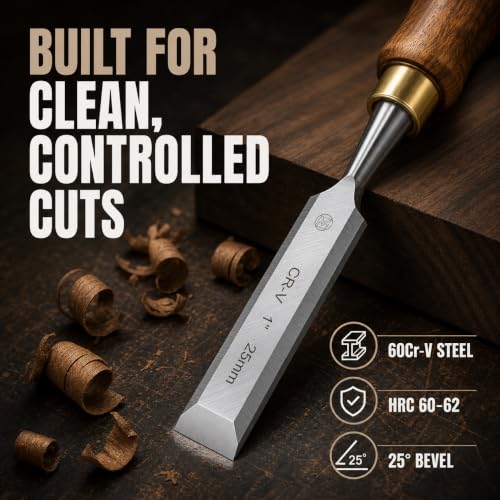 Mt Diablo Woodworking Tools 4 Piece Chisel Set - Premium CV60 Steel Wood Chisel Sets with Ergonomic Handles, Includes 1/4" 1/2" 3/4" 1" Widths - Ideal for Woodworkers - Durable Waxed Canvas Tool Roll