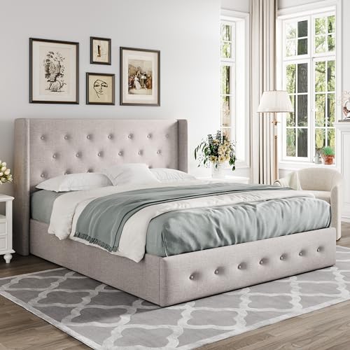 Allewie Full Size Lift Up Storage Button-Tufted Bed Frame Light Beige - color: Beige, size: Full, style: Traditional