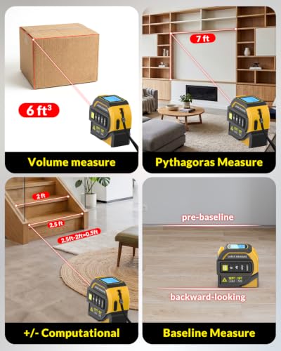 TEPU Laser Tape Measure 4-in-1, 197FT Laser Distance Meter with 16FT Tape - color: Yellow-black