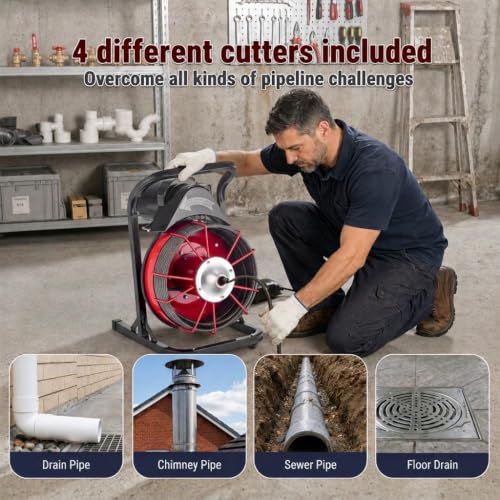 HoldwellS 75FT x 1/2 Inch Drain Cleaner Machine, Manual Feed Electric Drain Auger for 2"-6" Pipes, Sewer Snake Auger with 4 Cutters & Pneumatic Foot Switch - color: 75FT x 1/2inch (Manual Feed)