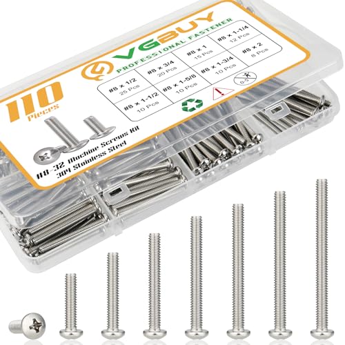 VGBUY 110Pcs Machine Screws Assortment kit,Assorted 1/2 to 2 inch Long # 8-32 Machine Screw,304 Stainless Steel Phillips Pan Head Screws Bolts for Electrical Wall Socket,Household Repairs - style: 110PCS #8 Kit
