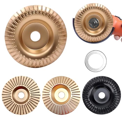 EMVANV 4 PCs Wood Carving Disc Set, for 4"" or 4 1/2"" Angle Grinder with 5/8"" Arbor Grinding Wheel Shaping Disc for Wood Cutting Grinder Cutting Wheel Attachments(Gold+Black)