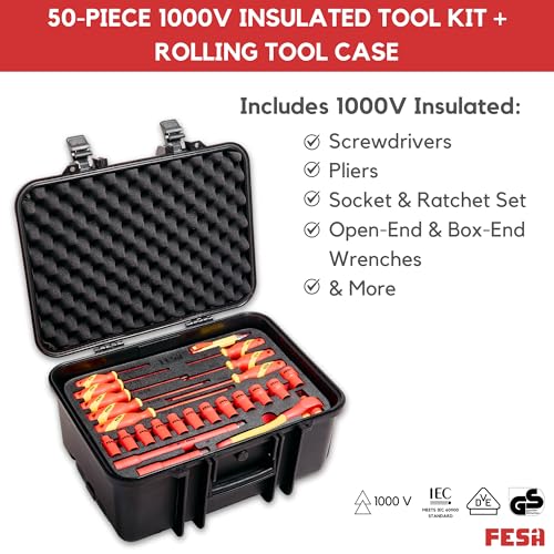 1000V Insulated Electrician Tool Bundle – 50-Piece Electrical Tool Kit with Rolling Tool Case + 6-Piece Precision Insulated Screwdriver Set | VDE/GS Certified | IEC 60900 Electrical Hand Tools