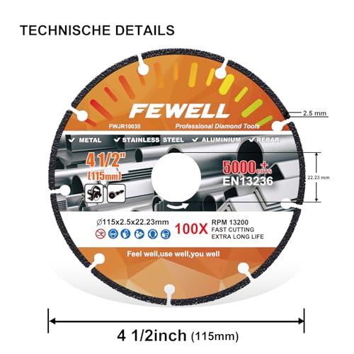 FEWELL 4.5 Inch Metal Diamond Cutting Wheel 5000+ Cuts (3Pack)