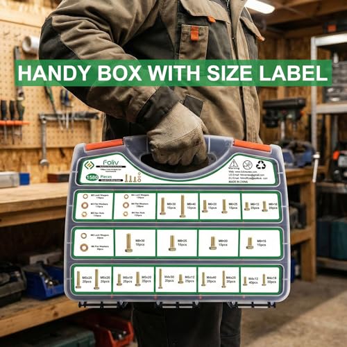 Foliv 1580pcs Metric Bolt Assortment, M4 M5 M6 M8 Nuts and Bolts Assortment Kit, Grade 8.8 Alloy Steel with Yellow Zinc Plated, Length from 12-30mm - style: 1580pcs M4 M5 M6 M8