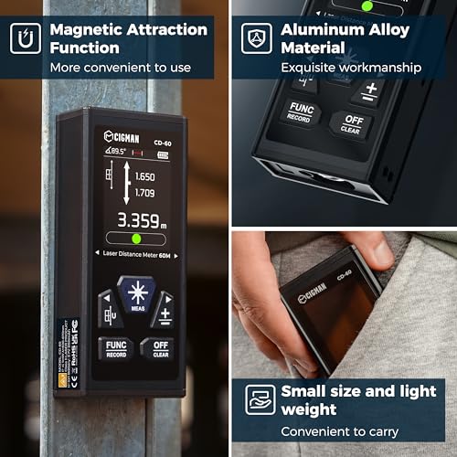CIGMAN Dual Laser Distance Meter 393ft/120M Bilateral Laser Measurement Tool Rechargeable Laser Measure with M/in/Ft Multiple Units Multifunctional Laser Measure(Laser Level is Class II,Output<1mW) - color: CD-60 1
