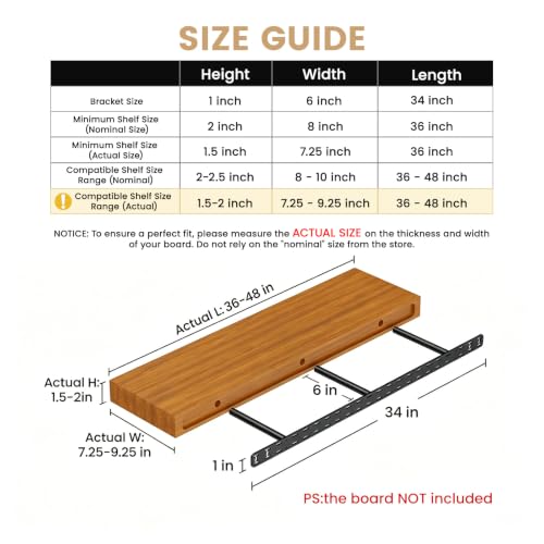2pcs Floating Shelf Bracket Heavy Duty,Decorative Floating Shelf Hardware Hidden Black Metal Fireplace Mantel Brackets Without Jig (34"X6"X1.0" Without Tools) - size: 34"X6"X1.0"
