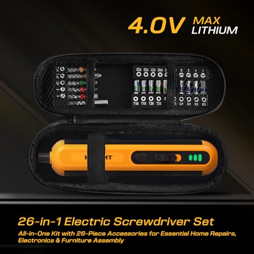 4V Cordless Electric Screwdriver Set, 26 S2 Bits, USB-C, LED
