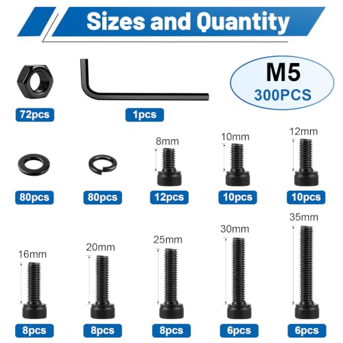 300Pcs M5 Screw Hex Socket Head Cap Bolt Kit M5x8-35mm 12.9 AlloySteel - size: G12.9 M5 300PCS