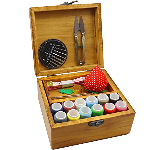 Flytreal Sewing Kit Small Box Basket, Wooden Hand Home Sewing Repair Tool Kit, Beginner Universal Sew Kit Accessories for Women, Men, Adults, Girls, Kids - color: Small Yellow