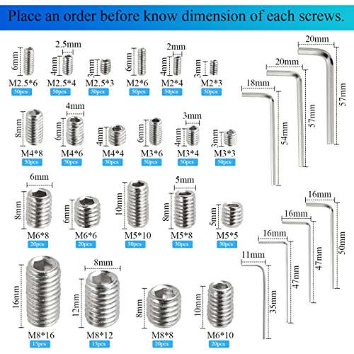 747Pcs M2/M2.5/M3/M4/M5/M6/M8 Metric Hex Socket Head Cup Point Set Screws, Allen Head Grub Screws, Internal Hex Drive Headless Set Screws Assortment Kit with 7Pcs Hex Keys, 304 Stainless Steel - color: Silver:747pcs Metric M2-M8 Cup Point Set Screw