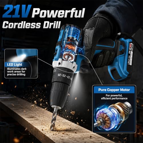 21V Cordless Drill, 2 Batteries, 50Nm Torque, 30-Piece Kit