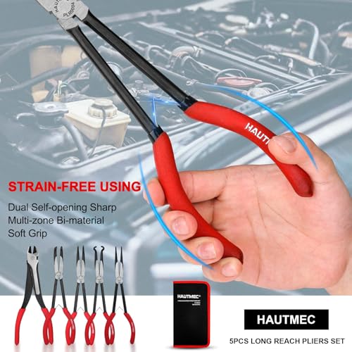 HAUTMEC 11Inch Extra Long Needle Nose Pliers Set, 5PCS Spring Loaded Heavy Duty Long Reach Pliers Include Hose Grip and Diagonal Cutting Plier, Straight and 45/90 Degree Bent Nose Pliers - color: 5pcs Long Plier Set