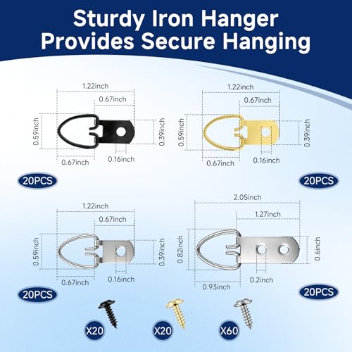 180 PCS D-Ring Picture Hangers Kit, 60 Single Hole & 20 Double Hole Hangers with 100 Screws, 40 lb Load Heavy Duty Picture Hanging Hardware for Picture Frame Mirrors Canvas - size: Multi-Color