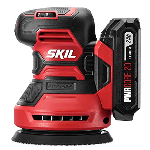 SKIL PWRCore 20 20V Brushed 5" Random Orbital Sander, Variable Speed, Includes 3pc Sandpaper, Dust Box, 2.0Ah Battery and Charger - SR6604B-10 - style: 20V Sander Kit