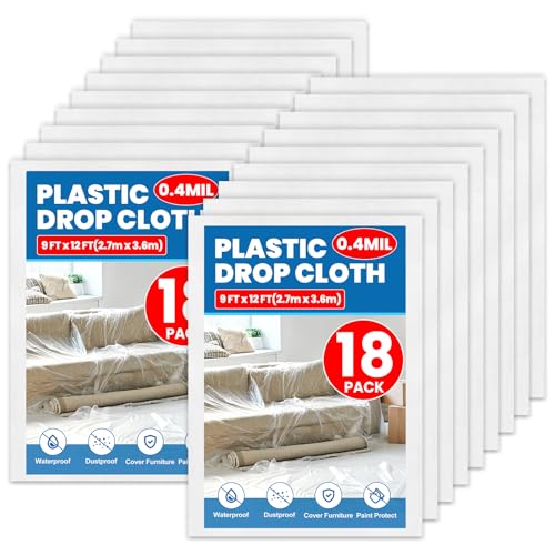 18 Pack Plastic Drop Cloth, 9 x 12 Feet Plastic Sheeting - color: 18p