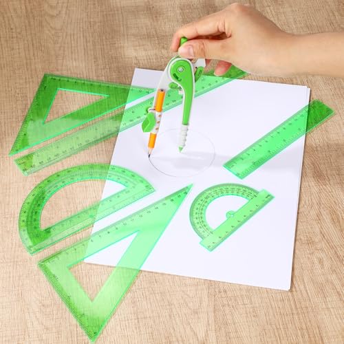 Zonon 7 Pcs Geometry Math Set with Compass Protractor Rulers, Green - color: Green