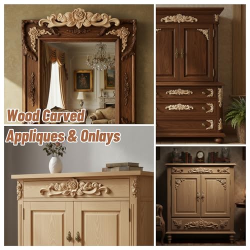 5PCS Wooden Rose Appliques Onlays Set, Unpainted Wood Carved Wall Decor for Furniture, Decorative Rose Wooden Onlay for Bed Door Wall Cabinet Wardrobe, Home Embellishments for Craft DIY Projects