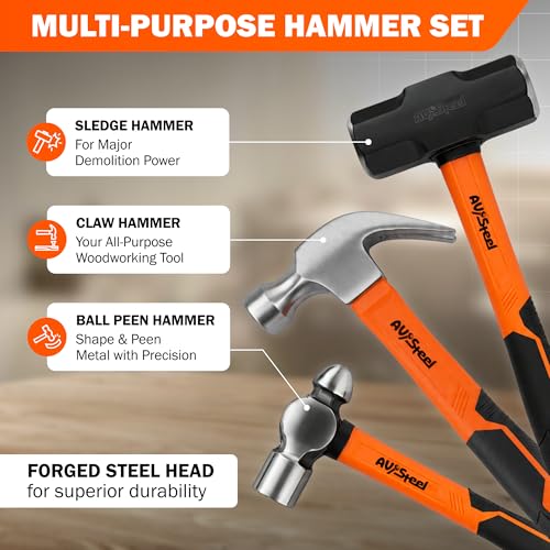 AV Steel 5-Pack Mallet Hammer Set - 32oz Rubber Mallet, 33mm Double-Faced Mallet, 16oz Claw Hammer, 16oz Ball Peen Hammer & 3lb Sledge and Gloves for DIY and Home Repair
