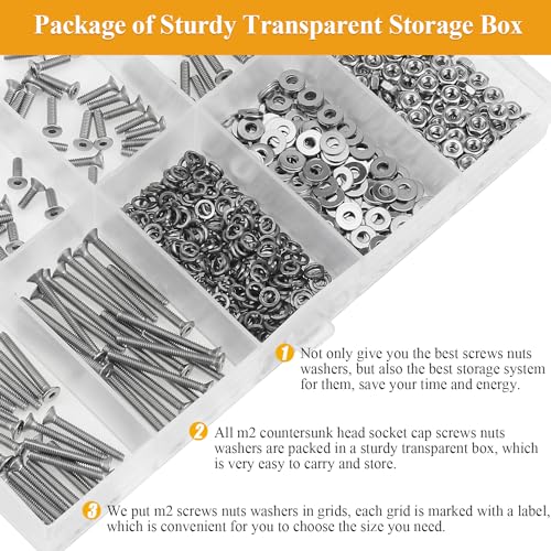 565 Pieces M2 Screws Nuts Washers Set, Sutemribor M2 x 4/6/8/10/12/16/20mm Countersunk Head Socket Cap Screws Nuts Washers Assortment Kit, 304 Stainless Steel, Fully Threaded - size: M2, style: Countersunk Head Socket Cap