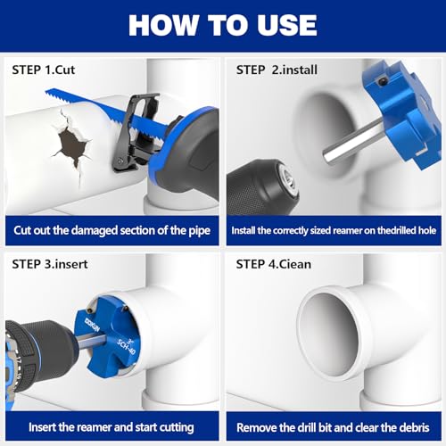 4PCS PVC Pipe Reamer Kit, PVC Fitting Saver for SCH40, 4-Blade Pipe Reamer Plumbing Tools, Fits Standard 1/2" Drill, Includes 1-1/2", 3", 2 ", 4" - size: 4Pcs PVC Pipe Reamer Kit