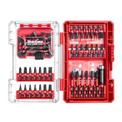 Geinxurn 65Pieces Impact Screwdriver Bits Set, Magnetic S2 Steel Phillips/Slotted/Square/Torx Insert Power Bits Tips, Impact Bit Holder with Red Storage Box Case - style: STKB065-RD