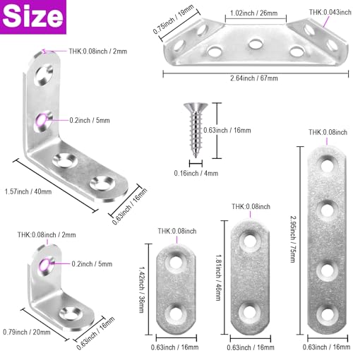24 Pcs Corner Brace Flat Straight Bracket Sets, Stainless Steel L Brackets for Wood, Various Mending Plates with Screws - size: 6 size/ Mixed set
